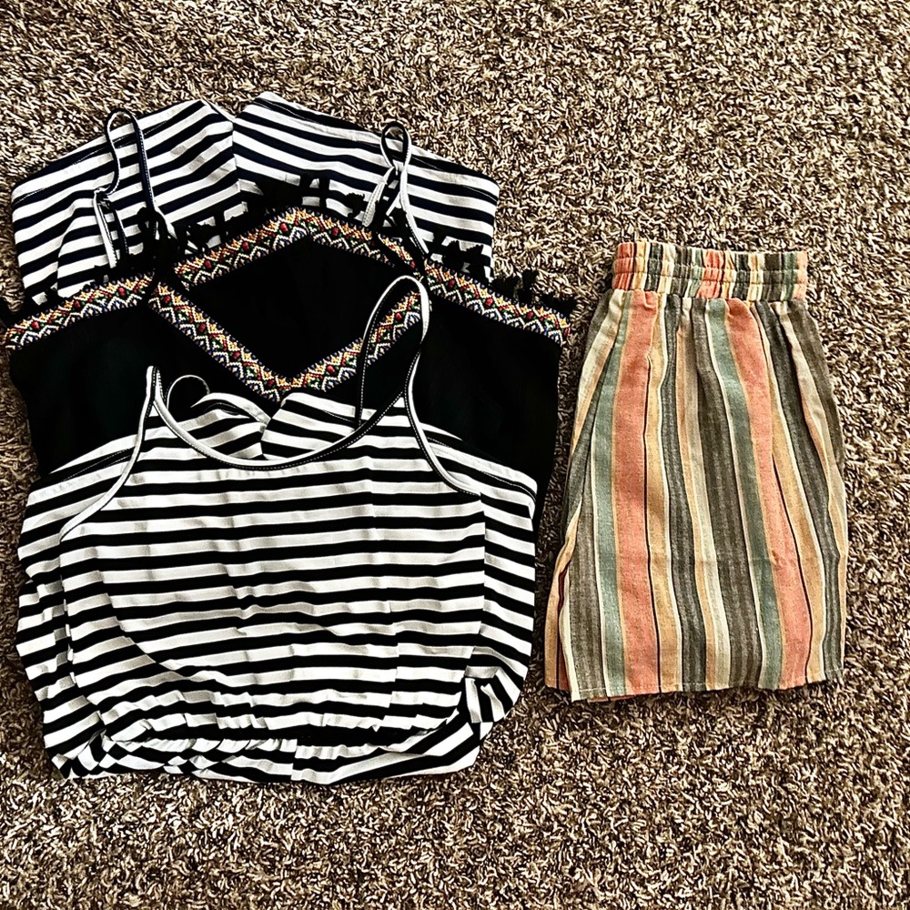 Striped and black rompers and striped shorts